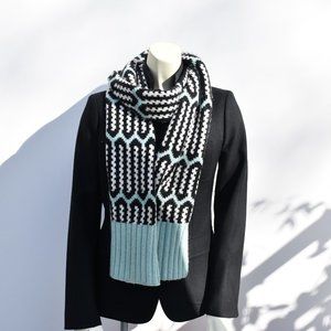 J Crew Aqua Black Cream Knitted Scarf Bold Geometric Pattern